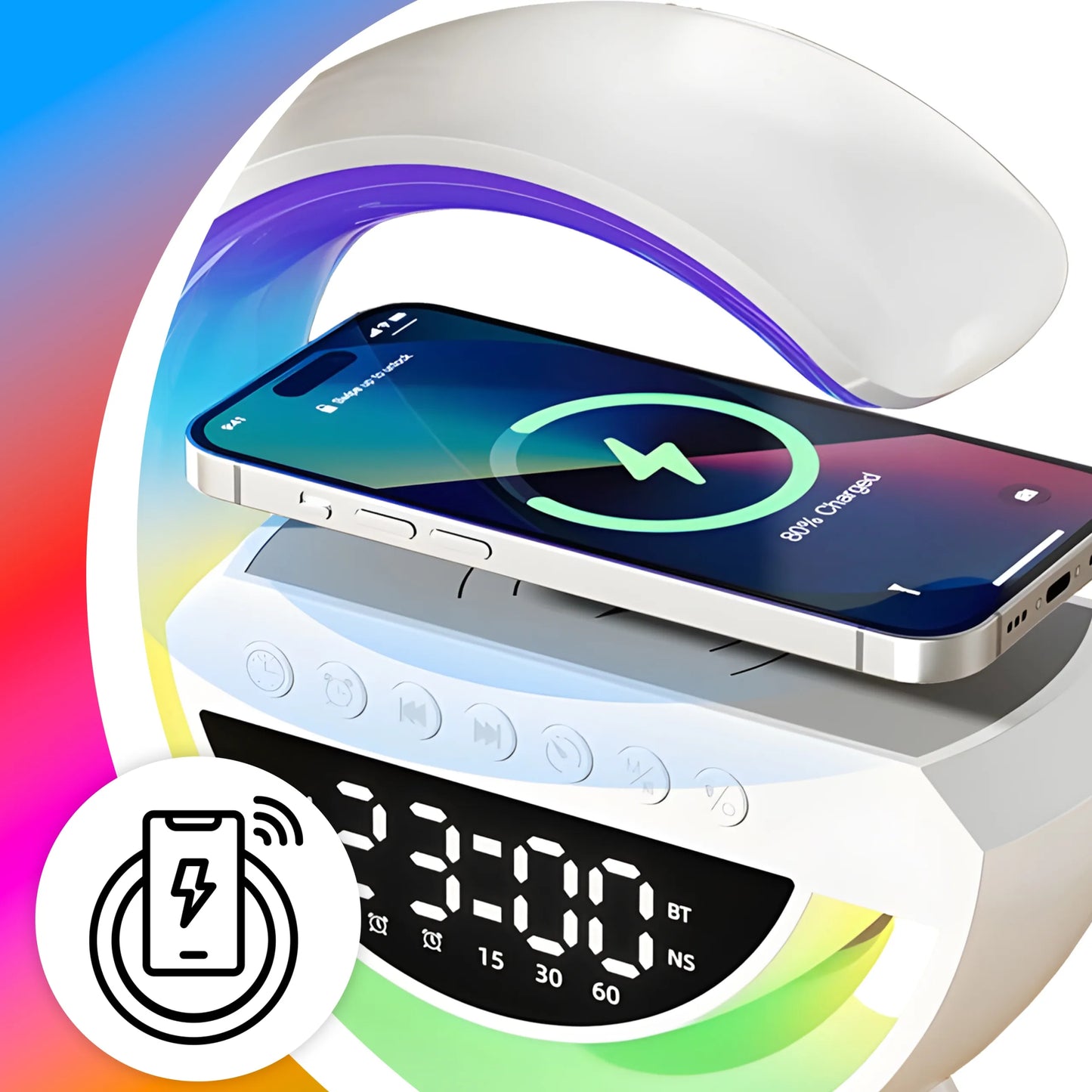Naktinė LED RGB lemputė su Bluetooth garsiakalbiu, 15 W indukciniu įkrovikliu, laikrodžiu ir žadintuvu RETOO