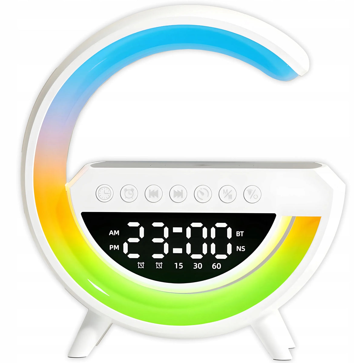 Naktinė LED RGB lemputė su Bluetooth garsiakalbiu, 15 W indukciniu įkrovikliu, laikrodžiu ir žadintuvu RETOO