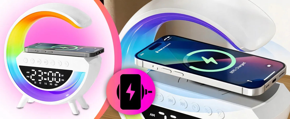Naktinė LED RGB lemputė su Bluetooth garsiakalbiu, 15 W indukciniu įkrovikliu, laikrodžiu ir žadintuvu RETOO