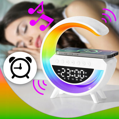 Naktinė LED RGB lemputė su Bluetooth garsiakalbiu, 15 W indukciniu įkrovikliu, laikrodžiu ir žadintuvu RETOO