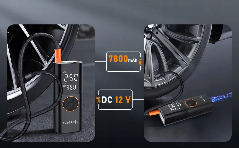 Nešiojama elektrinė padangų pompa Feegar, 12V automobilinis kompresorius su LED
