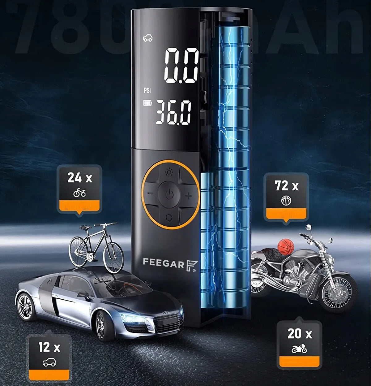 Nešiojama elektrinė padangų pompa Feegar, 12V automobilinis kompresorius su LED
