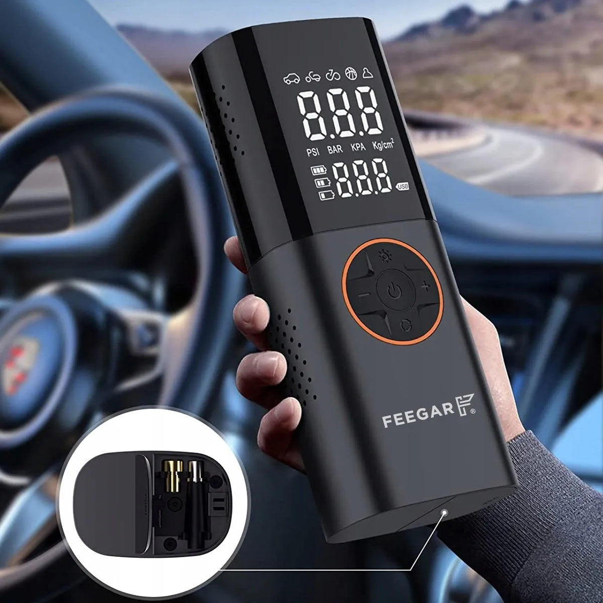 Nešiojama elektrinė padangų pompa Feegar, 12V automobilinis kompresorius su LED