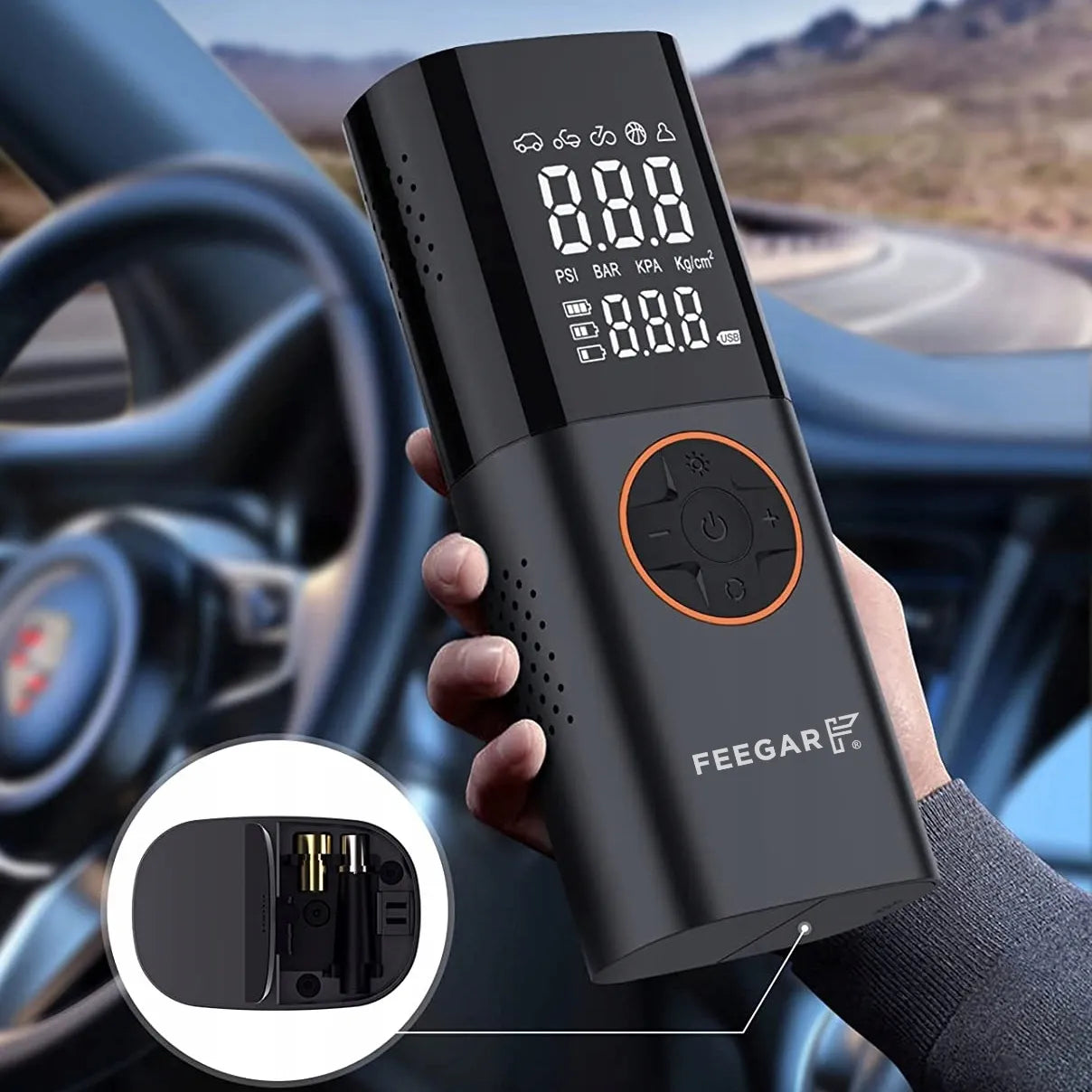 Nešiojama elektrinė padangų pompa Feegar, 12V automobilinis kompresorius su LED