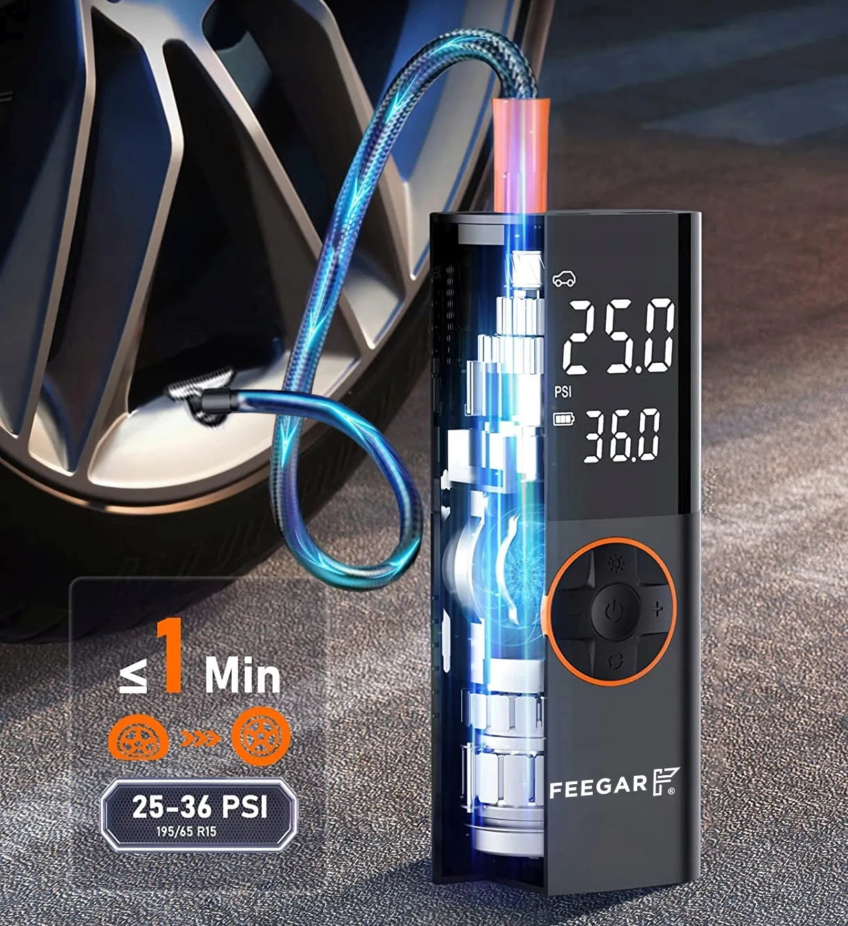 Nešiojama elektrinė padangų pompa Feegar, 12V automobilinis kompresorius su LED