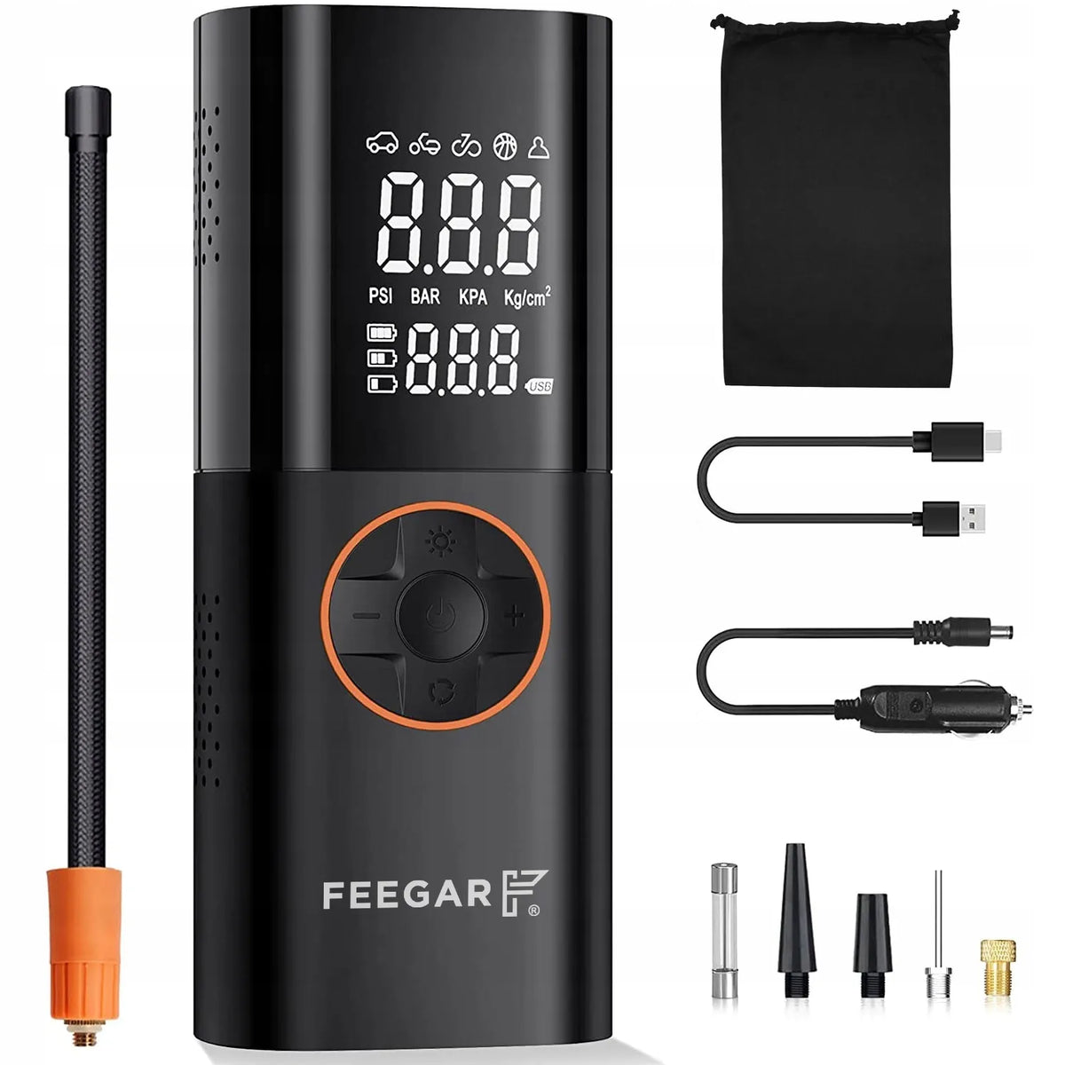 Nešiojama elektrinė padangų pompa Feegar, 12V automobilinis kompresorius su LED