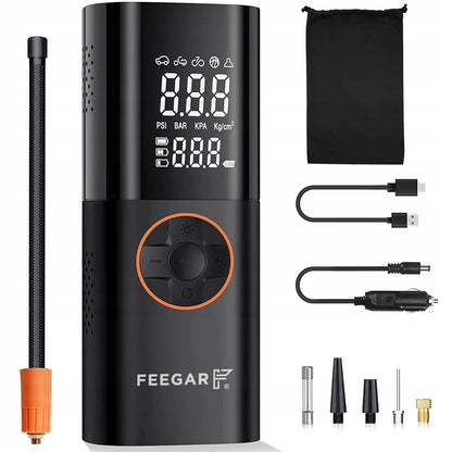 Nešiojama elektrinė padangų pompa Feegar, 12V automobilinis kompresorius su LED