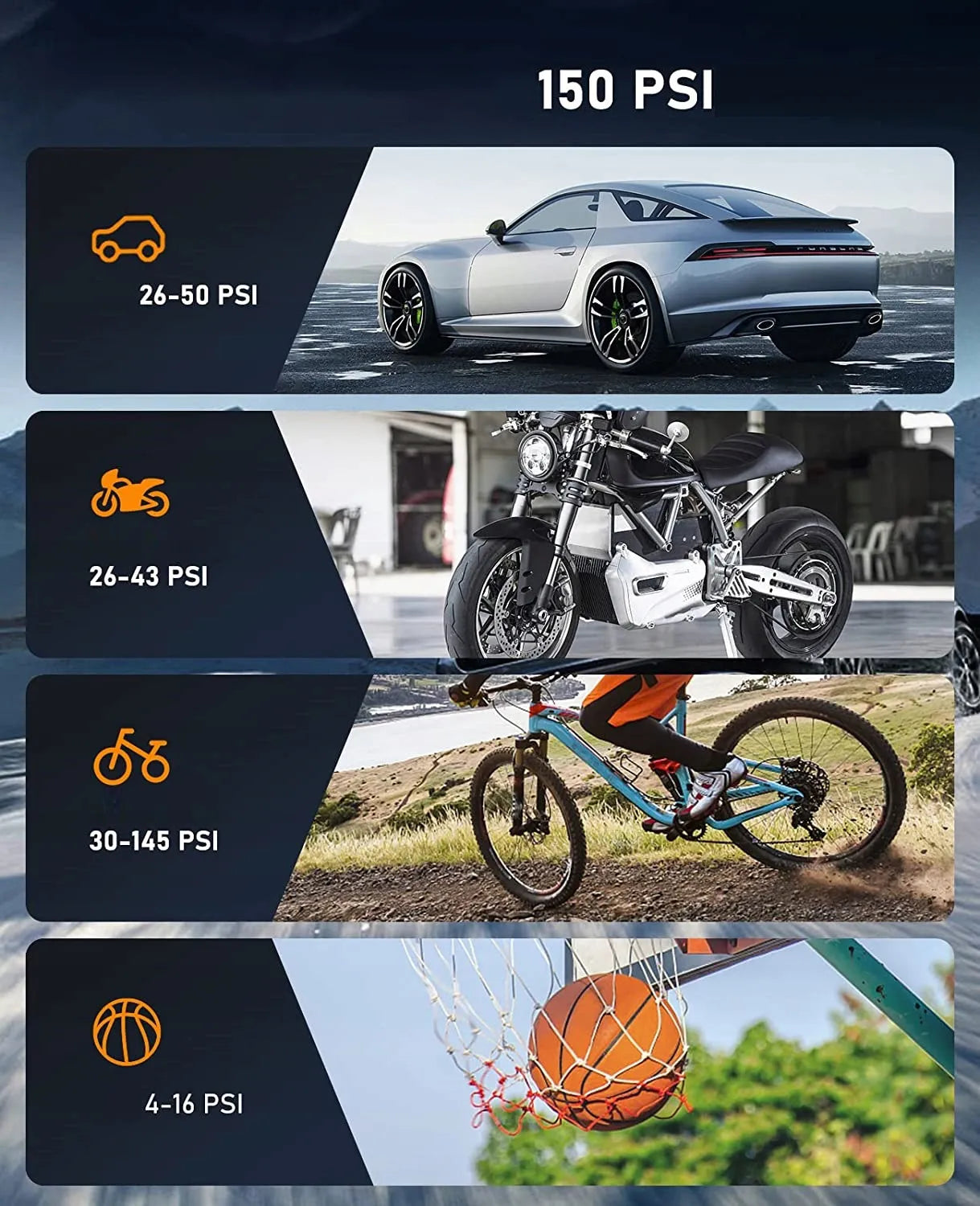 Nešiojama elektrinė padangų pompa Feegar, 12V automobilinis kompresorius su LED