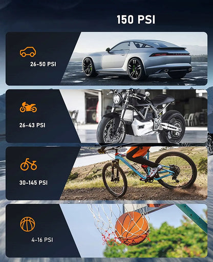 Nešiojama elektrinė padangų pompa Feegar, 12V automobilinis kompresorius su LED