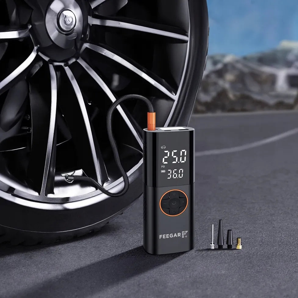 Nešiojama elektrinė padangų pompa Feegar, 12V automobilinis kompresorius su LED