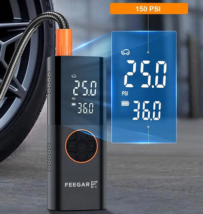Nešiojama elektrinė padangų pompa Feegar, 12V automobilinis kompresorius su LED