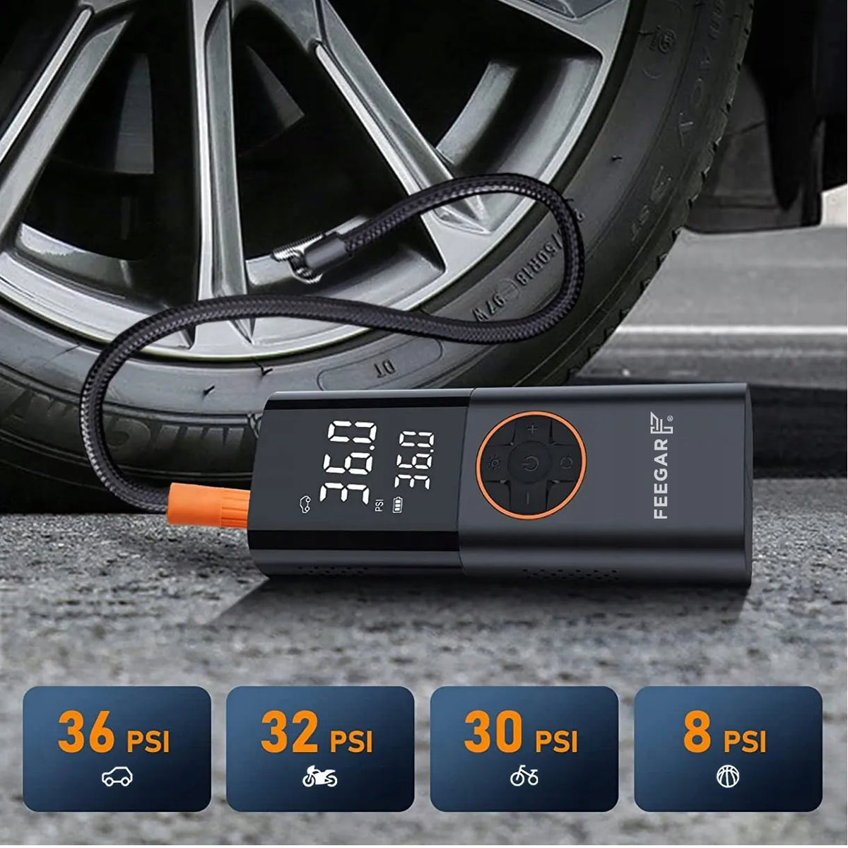 Nešiojama elektrinė padangų pompa Feegar, 12V automobilinis kompresorius su LED