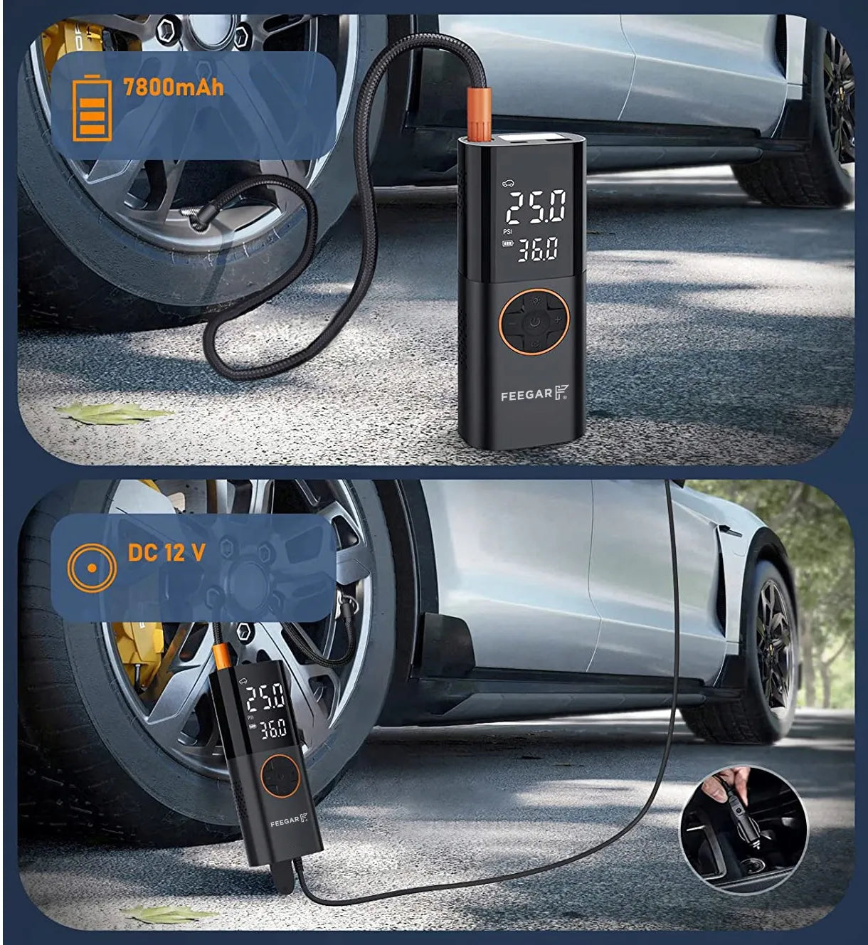 Nešiojama elektrinė padangų pompa Feegar, 12V automobilinis kompresorius su LED