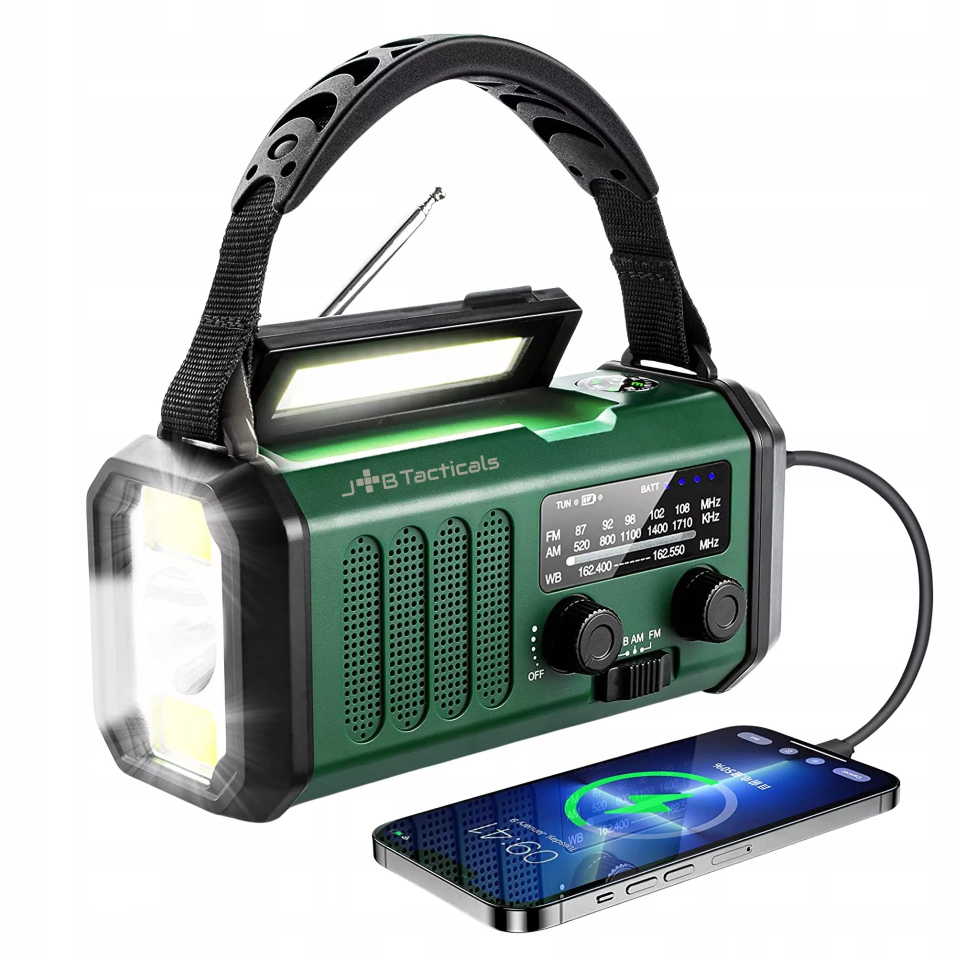 Nešiojamas avarinis FM/AM radijas JB Tacticals , saulės energija, su rankena, maitinimo funkcija, žibintuvėlis