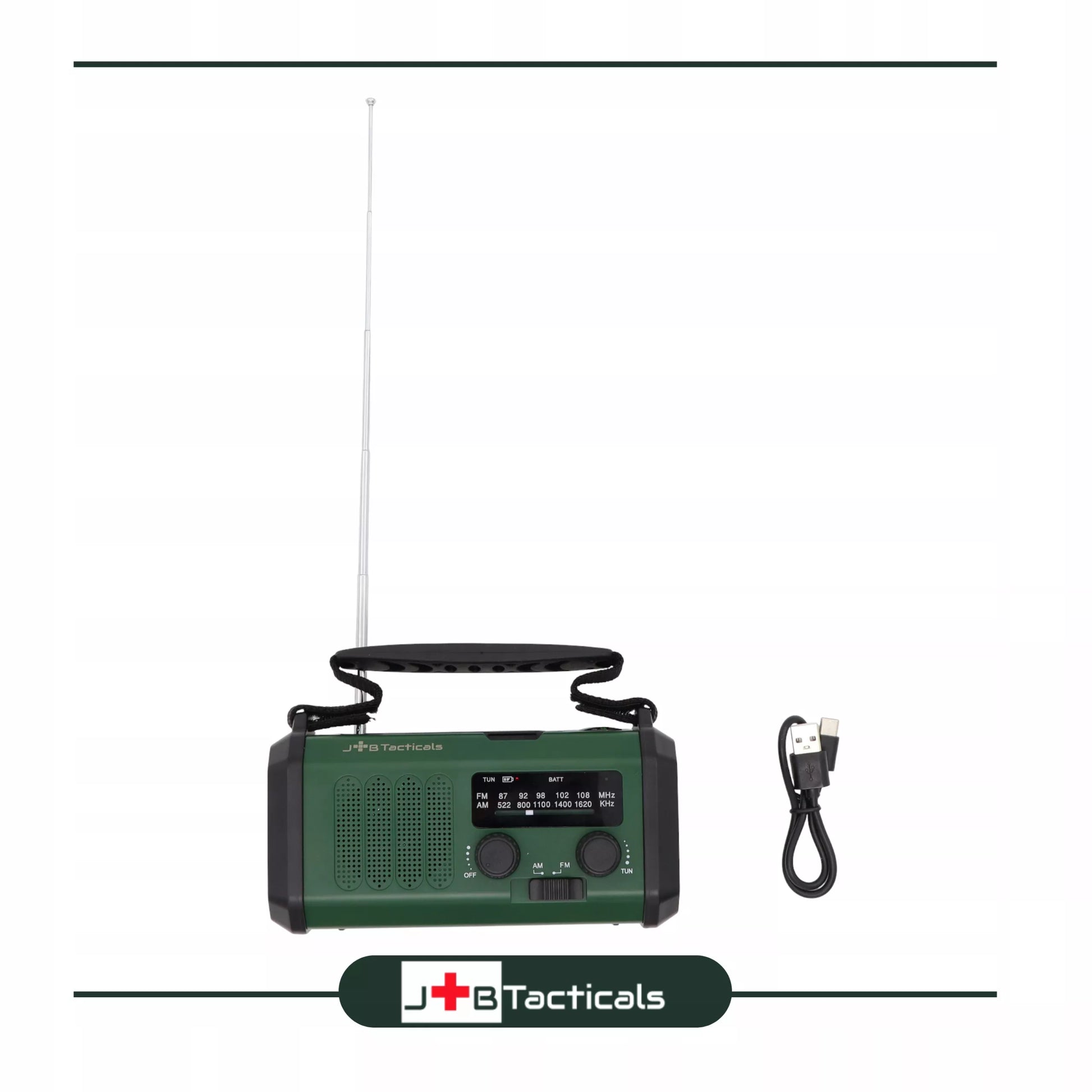 Nešiojamas avarinis FM/AM radijas JB Tacticals , saulės energija, su rankena, maitinimo funkcija, žibintuvėlis