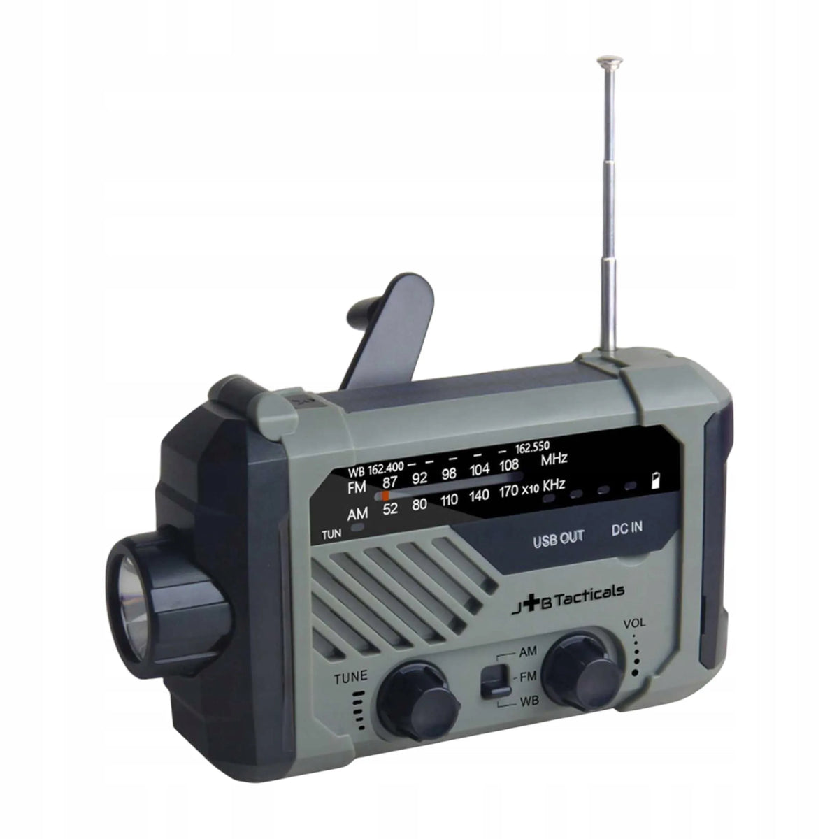 Nešiojamas avarinis FM/AM radijas, saulės energija kraunamas, su rankena, maitinimo banku, žibintuvėliu ir dinama