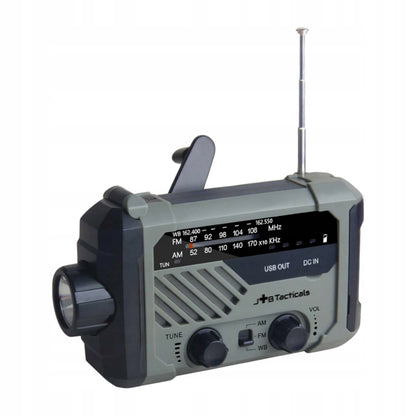 Nešiojamas avarinis FM/AM radijas, saulės energija kraunamas, su rankena, maitinimo banku, žibintuvėliu ir dinama