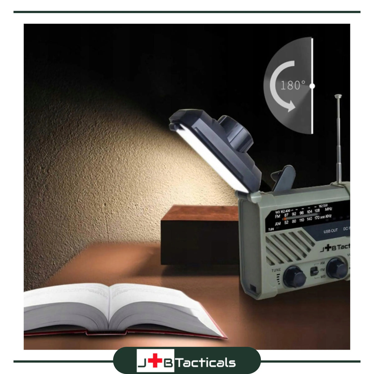 Nešiojamas avarinis FM/AM radijas, saulės energija kraunamas, su rankena, maitinimo banku, žibintuvėliu ir dinama