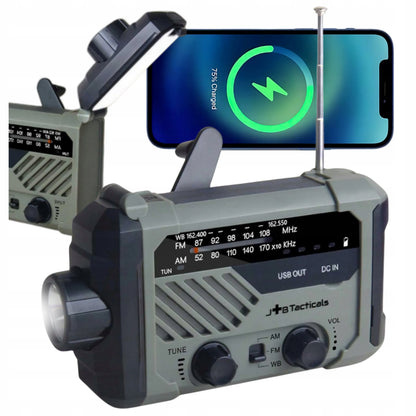 Nešiojamas avarinis FM/AM radijas, saulės energija kraunamas, su rankena, maitinimo banku, žibintuvėliu ir dinama