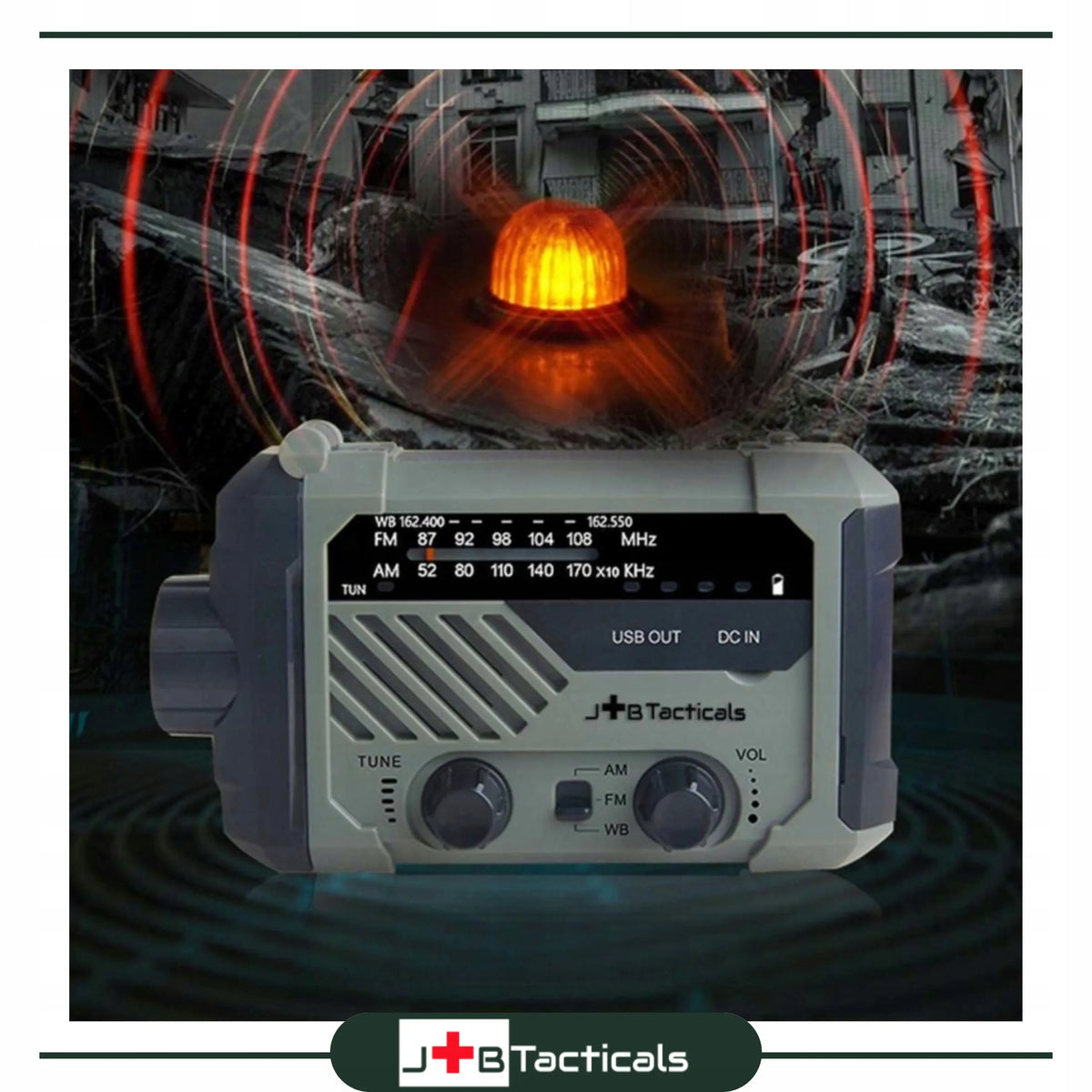 Nešiojamas avarinis FM/AM radijas, saulės energija kraunamas, su rankena, maitinimo banku, žibintuvėliu ir dinama