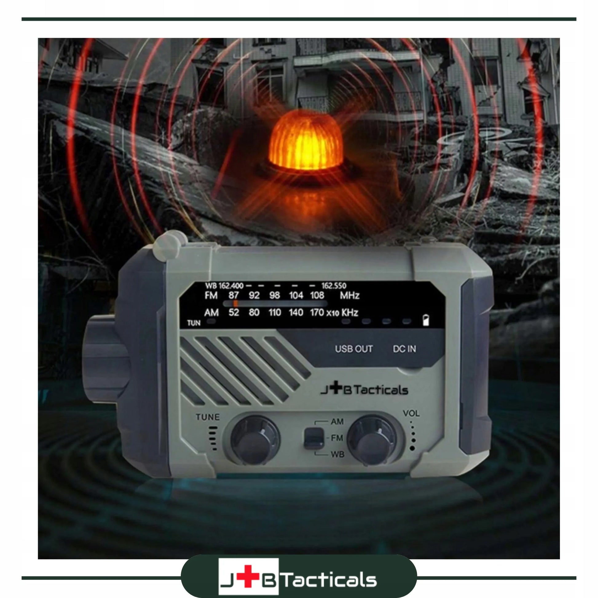 Nešiojamas avarinis FM/AM radijas, saulės energija kraunamas, su rankena, maitinimo banku, žibintuvėliu ir dinama
