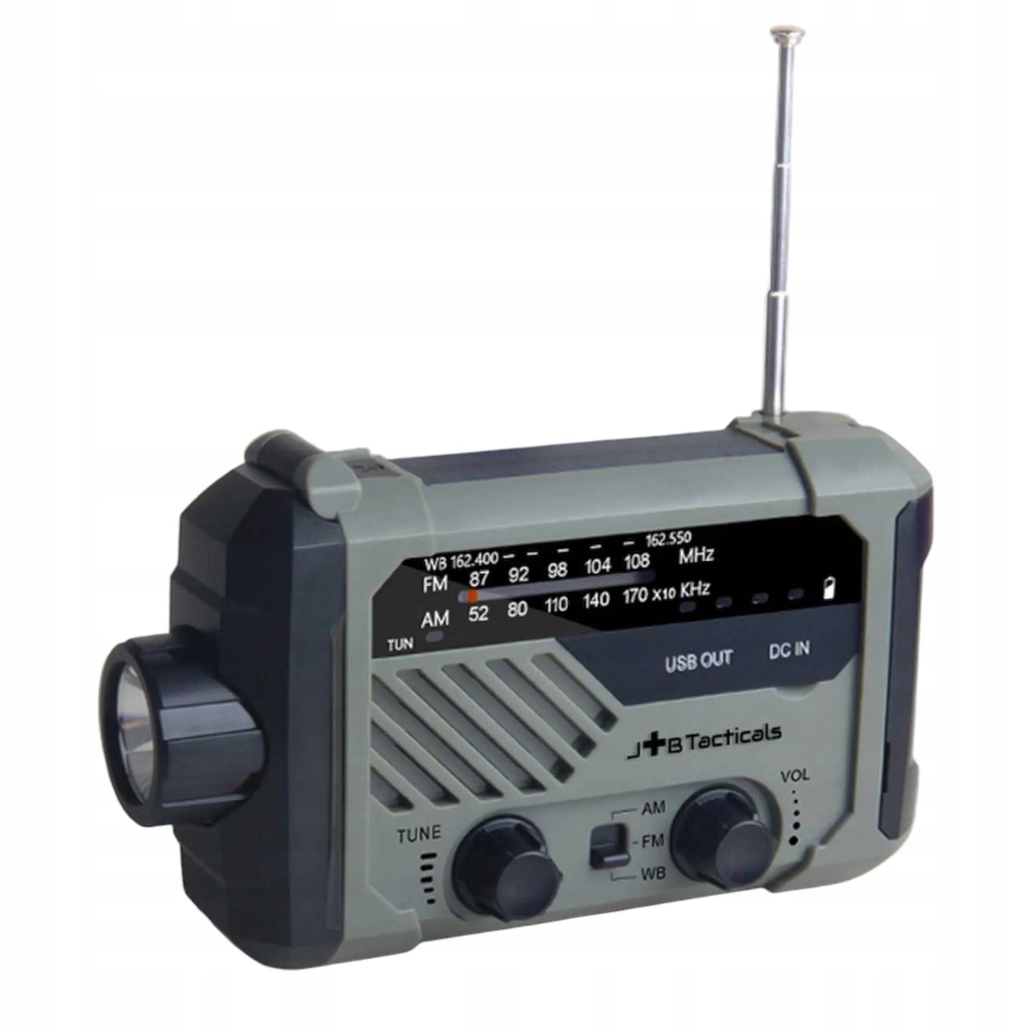 Nešiojamas avarinis FM/AM radijas, saulės energija kraunamas, su rankena, maitinimo banku, žibintuvėliu ir dinama