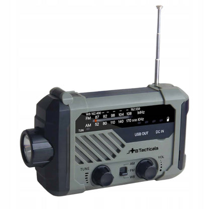 Nešiojamas avarinis FM/AM radijas, saulės energija kraunamas, su rankena, maitinimo banku, žibintuvėliu ir dinama