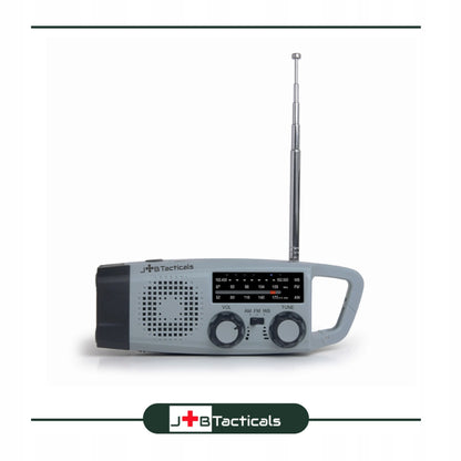 Nešiojamas avarinis FM/AM radijas su saulės baterija, rankenėle, išoriniu akumuliatoriumi ir LED žibintuvėliu