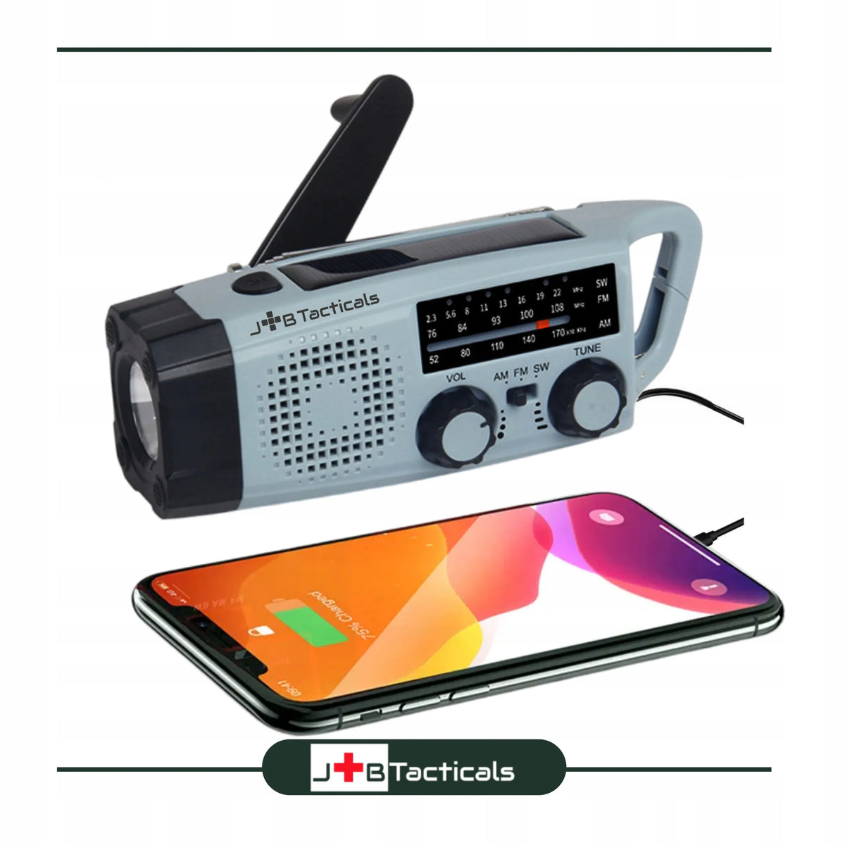 Nešiojamas avarinis FM/AM radijas su saulės baterija, rankenėle, išoriniu akumuliatoriumi ir LED žibintuvėliu