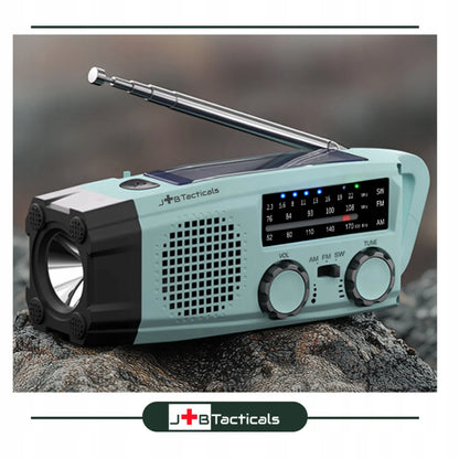 Nešiojamas avarinis FM/AM radijas su saulės baterija, rankenėle, išoriniu akumuliatoriumi ir LED žibintuvėliu