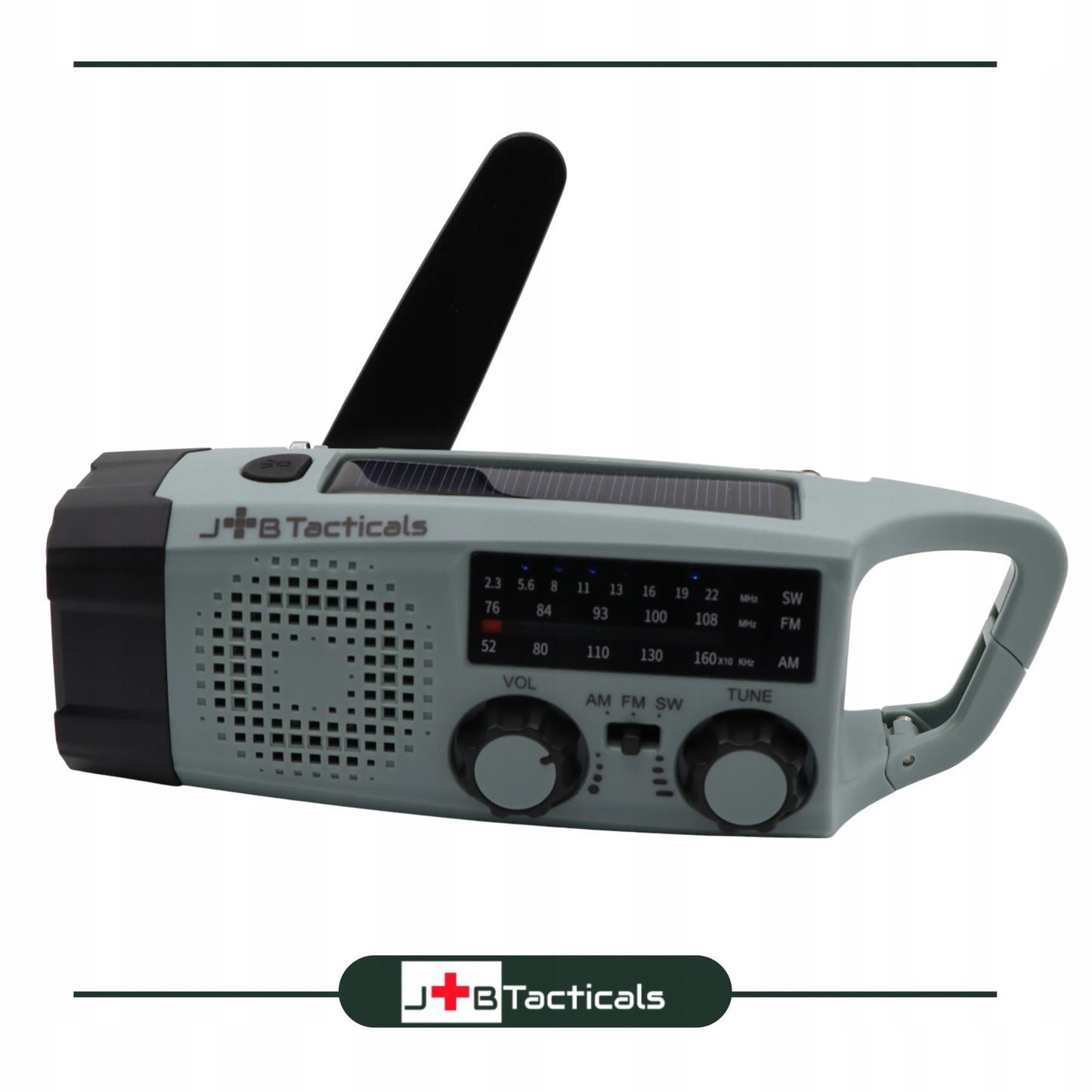 Nešiojamas avarinis FM/AM radijas su saulės baterija, rankenėle, išoriniu akumuliatoriumi ir LED žibintuvėliu