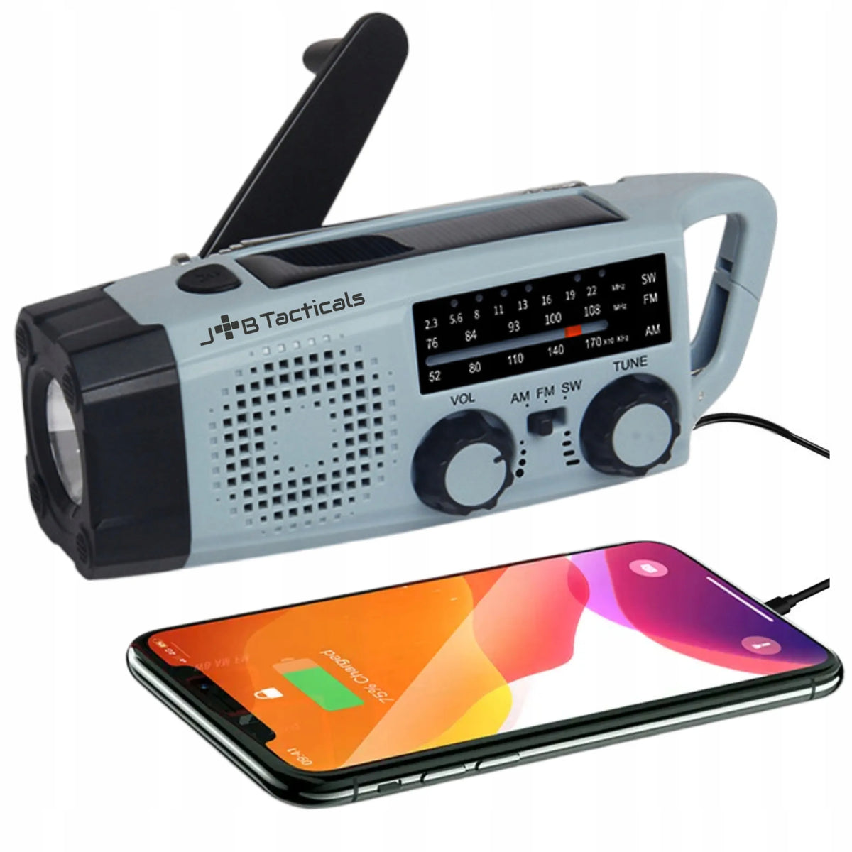 Nešiojamas avarinis FM/AM radijas su saulės baterija, rankenėle, išoriniu akumuliatoriumi ir LED žibintuvėliu