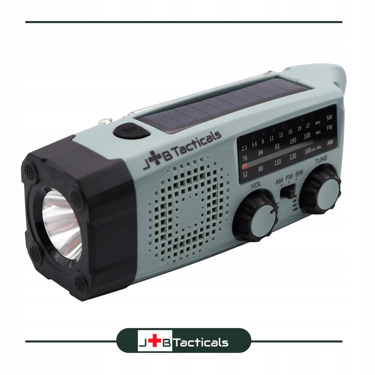 Nešiojamas avarinis FM/AM radijas su saulės baterija, rankenėle, išoriniu akumuliatoriumi ir LED žibintuvėliu