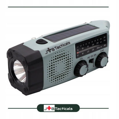 Nešiojamas avarinis FM/AM radijas su saulės baterija, rankenėle, išoriniu akumuliatoriumi ir LED žibintuvėliu