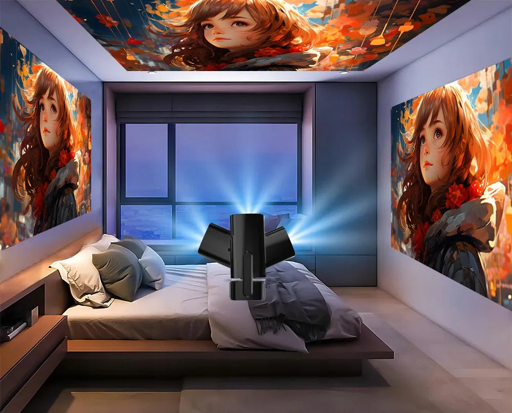 Nešiojamas projektorius „Android Smart TV“ „Wi-Fi“ „Full HD“ + dėklas ir garsiakalbis