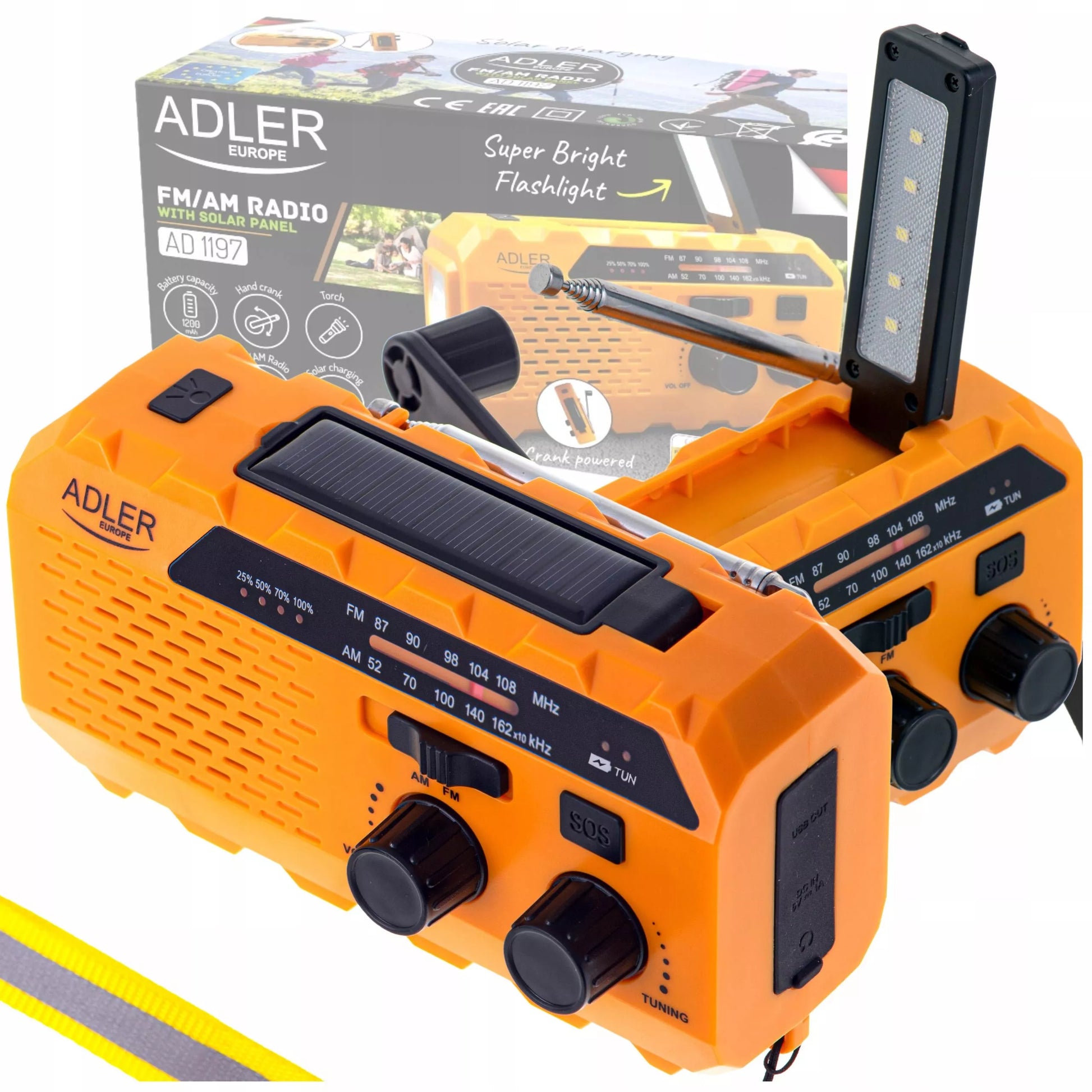 Nešiojamas radijas su alkūne, saulės energija, dynamo, žibintuvėliu ir powerbank funkcija