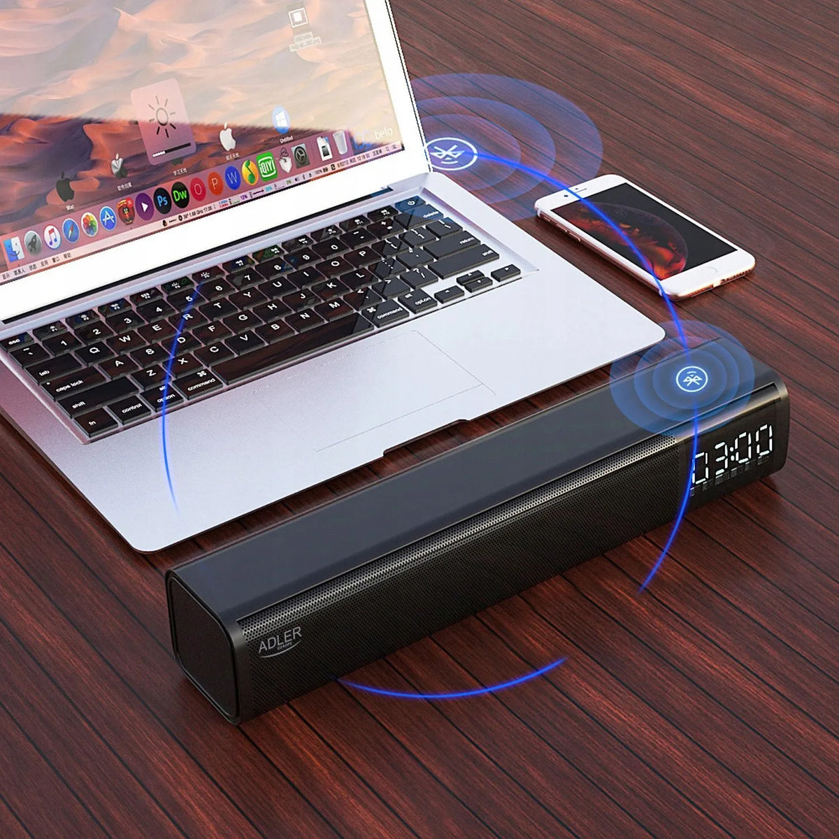 Nešiojamas „Soundbar“ garsiakalbis su žadintuvu „Bluetooth 5.0 Adler“