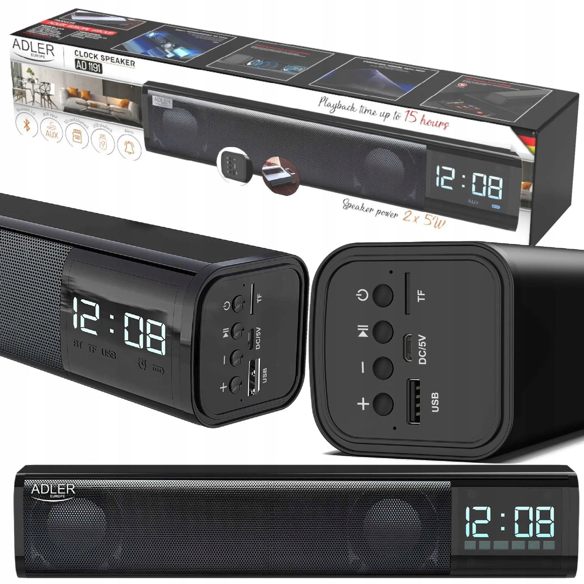 Nešiojamas „Soundbar“ garsiakalbis su žadintuvu „Bluetooth 5.0 Adler“