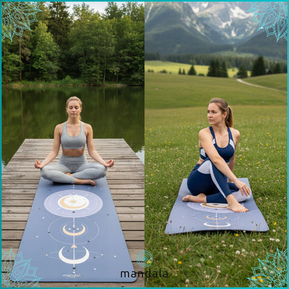 Neslystantis jogos kilimėlis MANDALA BLUE GALAXY su mikropluoštu 4mm PREMIUM PU