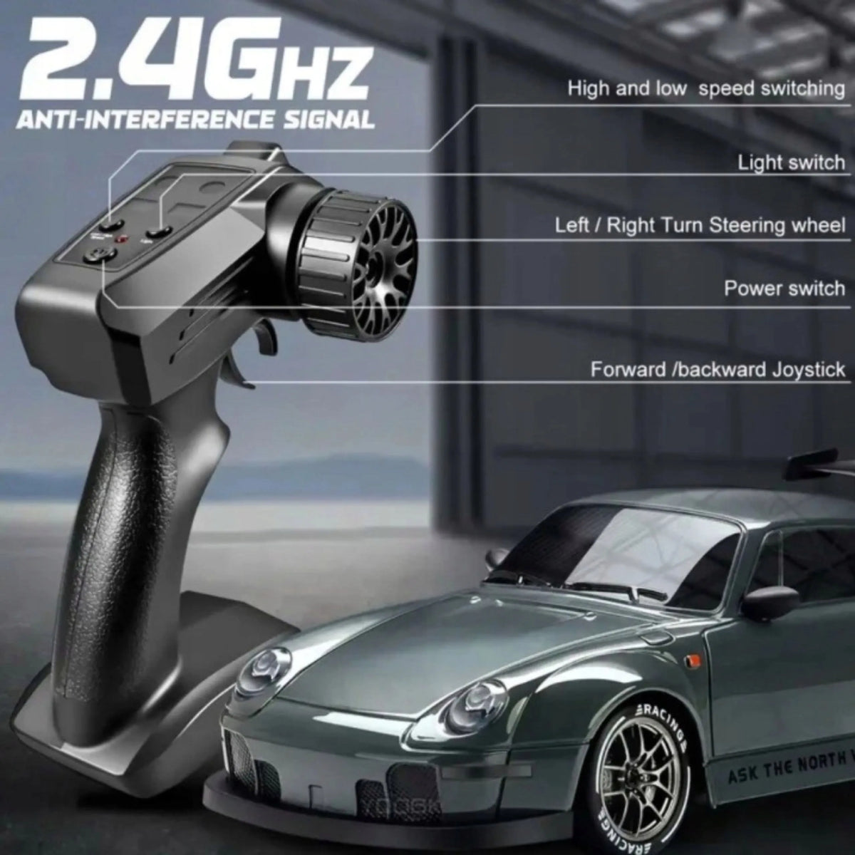Nuotoliniu būdu valdomas automobilis „DRIFTOR“ 4x4 su LED apšvietimu, putplasčio ratais ir drift funkcija