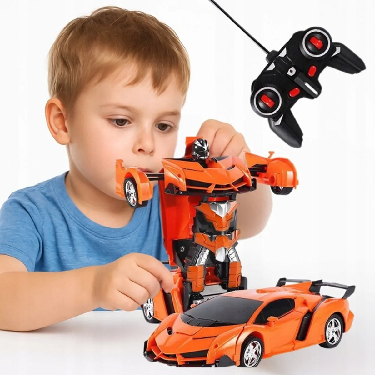 Nuotoliniu būdu valdomas automobilis-robotas „2 viename“, šviesos ir garsai, pultas, oranžinis