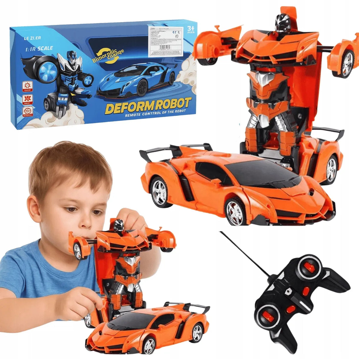 Nuotoliniu būdu valdomas automobilis-robotas „2 viename“, šviesos ir garsai, pultas, oranžinis