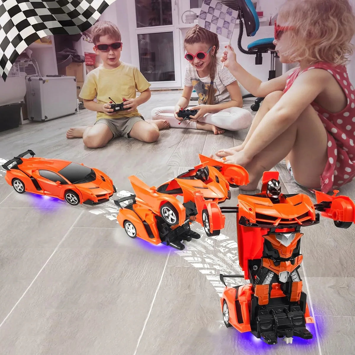 Nuotoliniu būdu valdomas automobilis-robotas „2 viename“, šviesos ir garsai, pultas, oranžinis