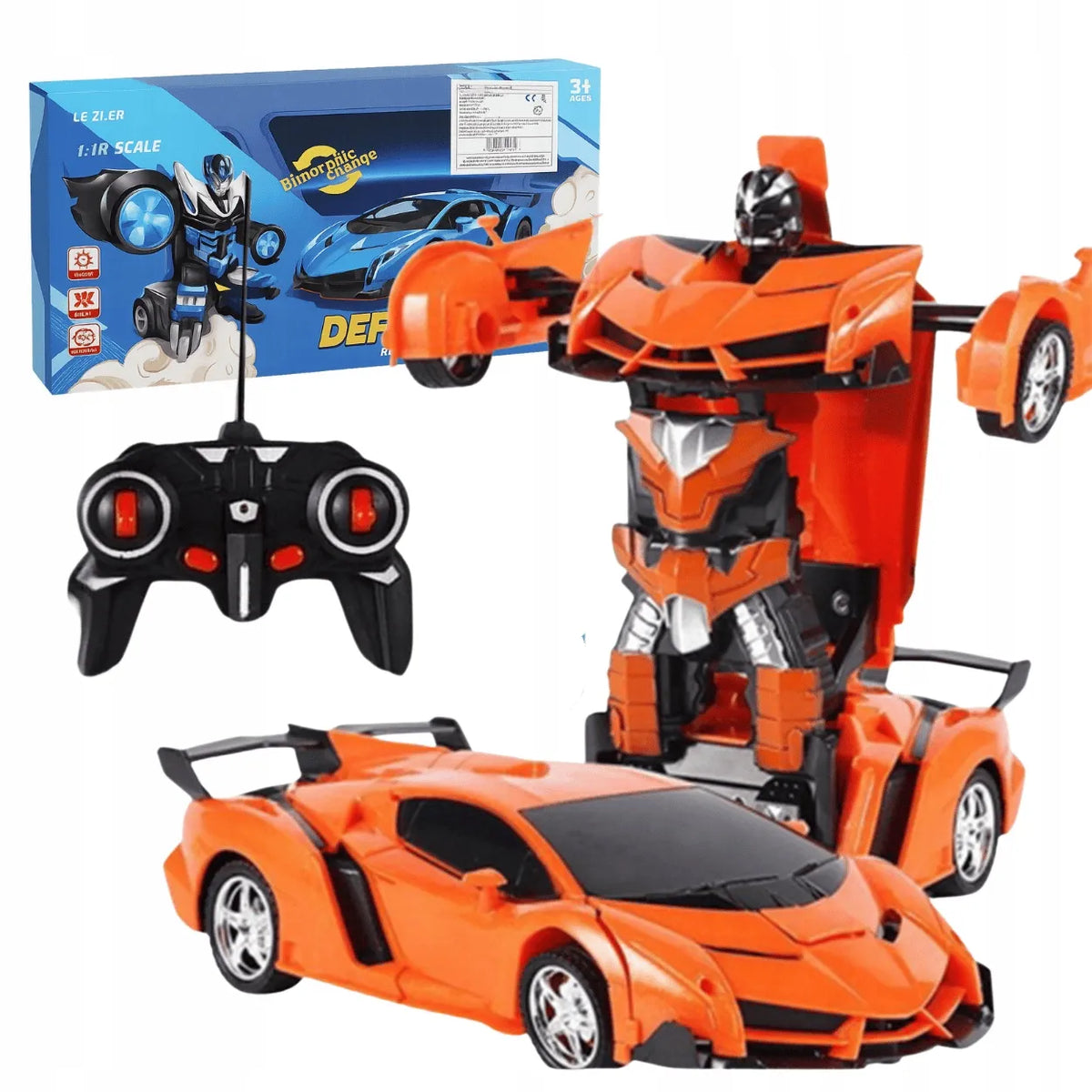 Nuotoliniu būdu valdomas automobilis-robotas „2 viename“, šviesos ir garsai, pultas, oranžinis