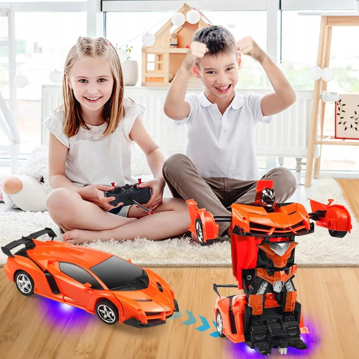 Nuotoliniu būdu valdomas automobilis-robotas „2 viename“, šviesos ir garsai, pultas, oranžinis