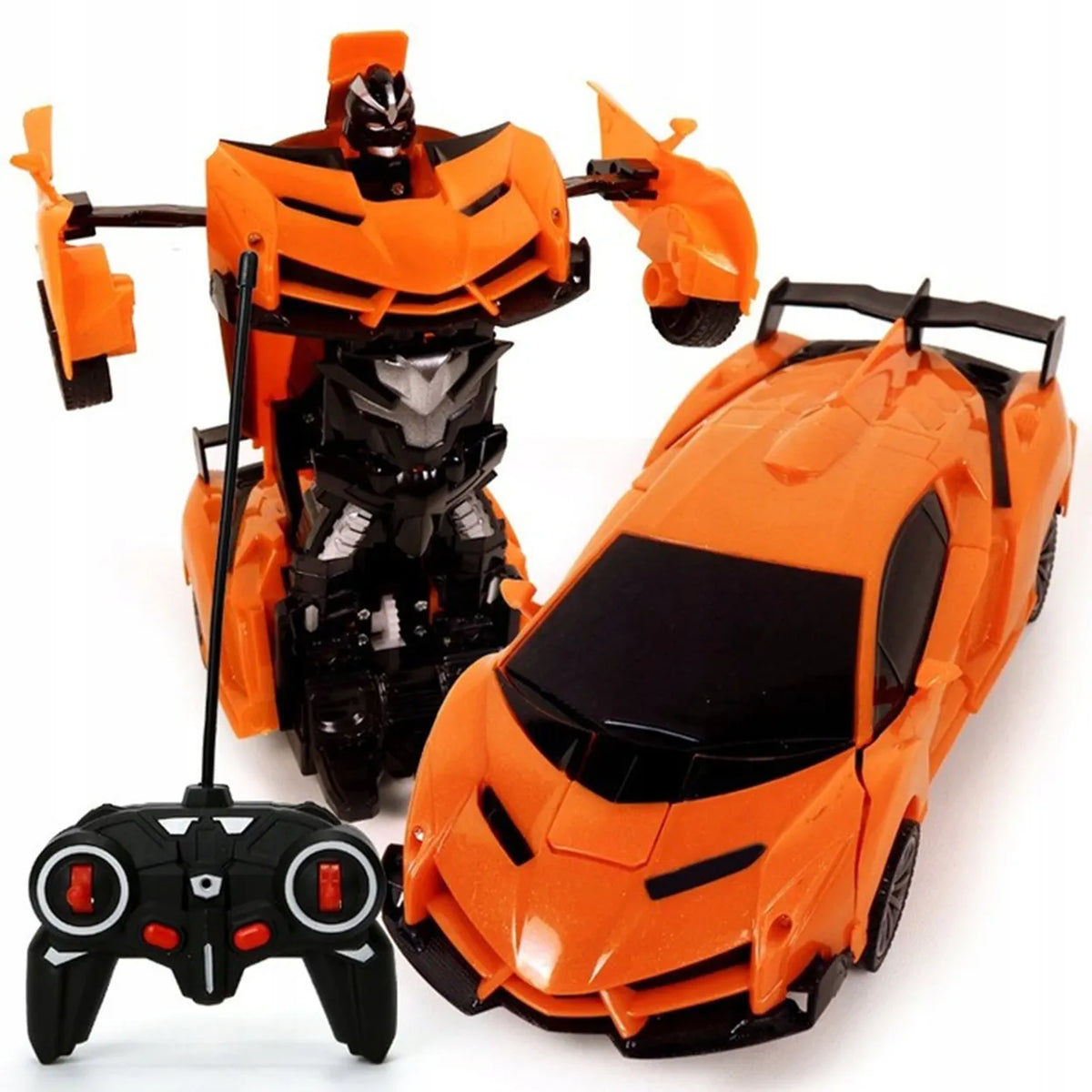 Nuotoliniu būdu valdomas automobilis-robotas „2 viename“, šviesos ir garsai, pultas, oranžinis