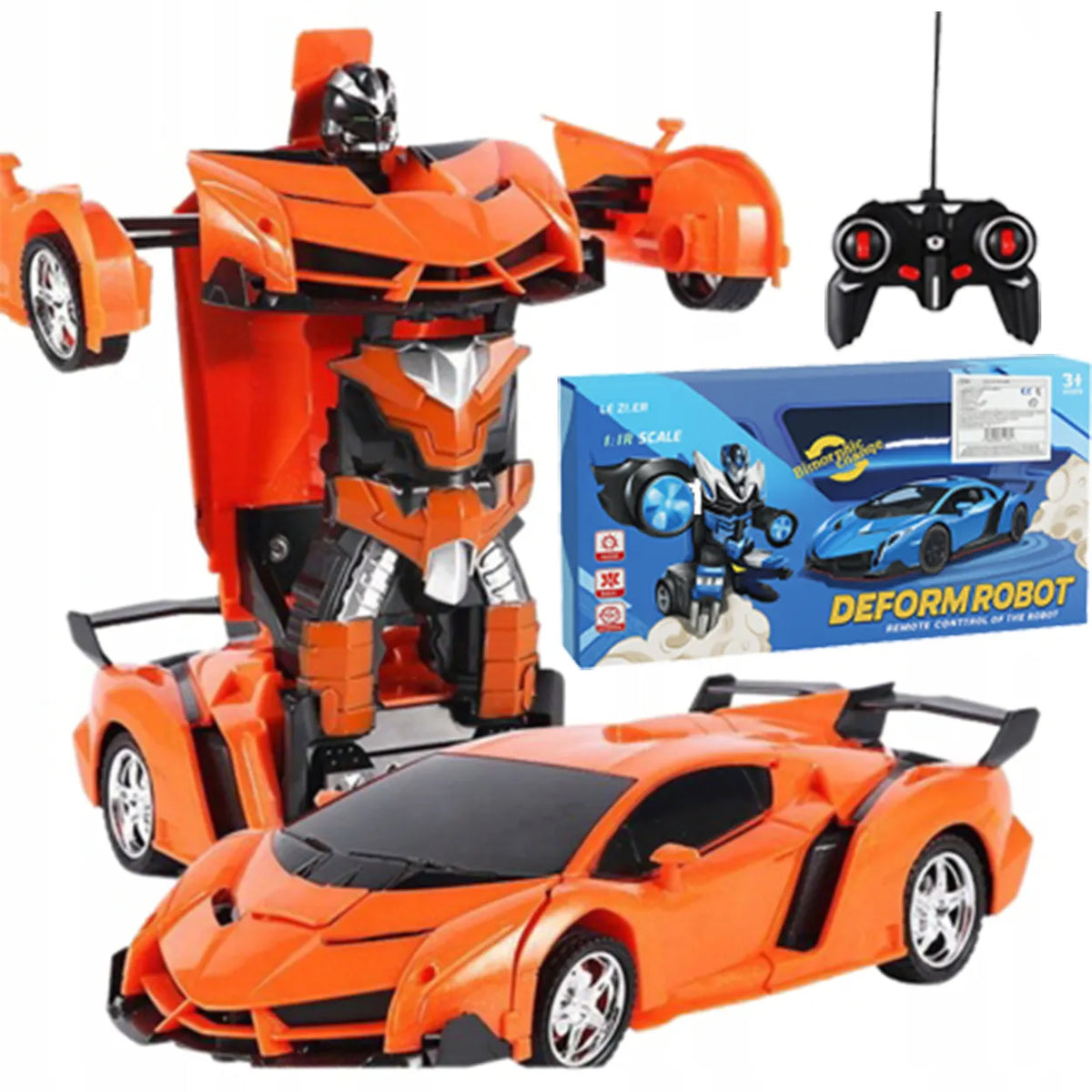 Nuotoliniu būdu valdomas automobilis-robotas „2 viename“, šviesos ir garsai, pultas, oranžinis