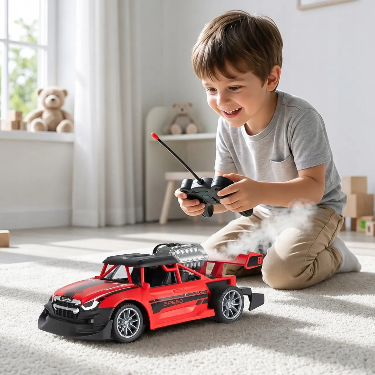 Nuotoliniu būdu valdomas RC Drift automobilis MalPlay su LED šviesomis ir garų efektu