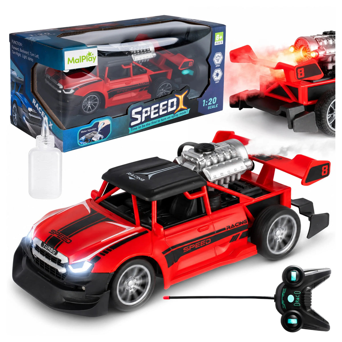 Nuotoliniu būdu valdomas RC Drift automobilis MalPlay su LED šviesomis ir garų efektu