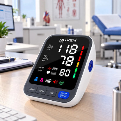 NUVEN žastinis kraujospūdžio matuoklis „Cardio Silver+“ su garsiniais pranešimais lenkų kalba, dideliu LCD ekranu, TUV
